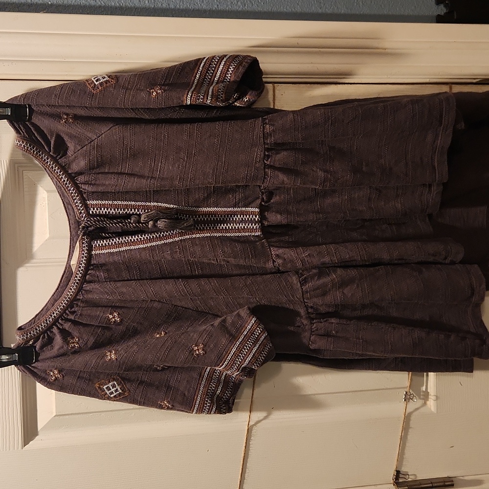 Lucky Brand Dark Brown Embroidered Top